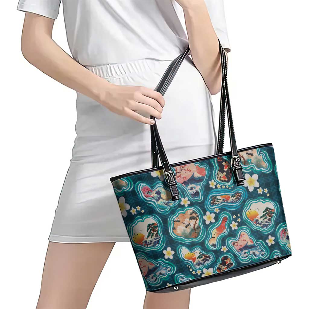 Hawaiian and Japanese Culture Together Leather Tote Bag Hawaiian Island Shapes with Japanese Landscape Teal Color LT03 - Polynesian Pride