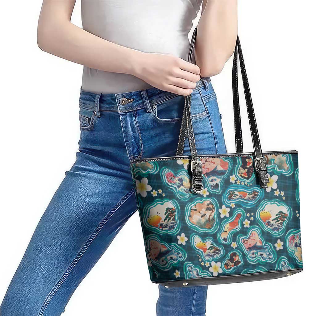 Hawaiian and Japanese Culture Together Leather Tote Bag Hawaiian Island Shapes with Japanese Landscape Teal Color LT03 - Polynesian Pride