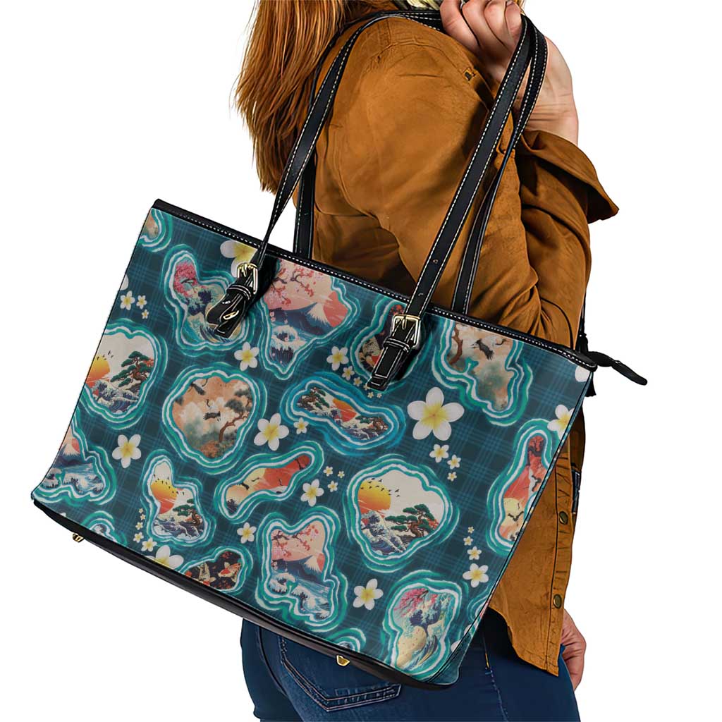 Hawaiian and Japanese Culture Together Leather Tote Bag Hawaiian Island Shapes with Japanese Landscape Teal Color LT03 - Polynesian Pride