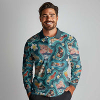 Hawaiian and Japanese Culture Together Long Sleeve Polo Shirt Hawaiian Island Shapes with Japanese Landscape Teal Color LT03 - Polynesian Pride