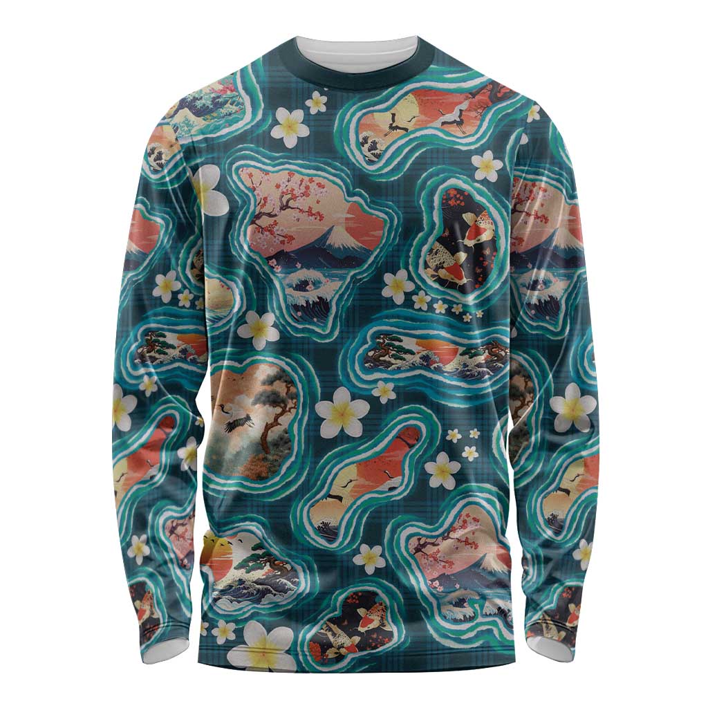 Hawaiian and Japanese Culture Together Long Sleeve Shirt Hawaiian Island Shapes with Japanese Landscape Teal Color