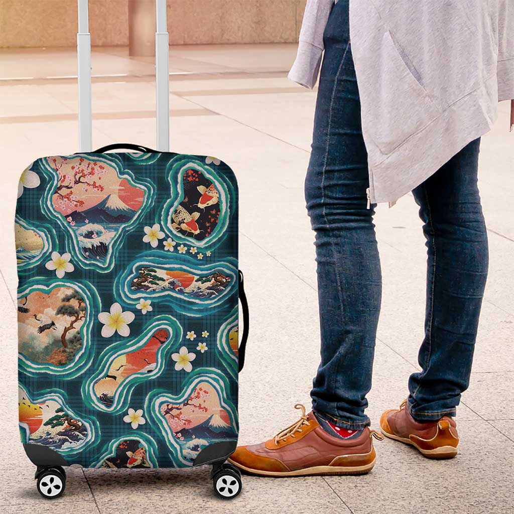 Hawaiian and Japanese Culture Together Luggage Cover Hawaiian Island Shapes with Japanese Landscape Teal Color LT03 Teal - Polynesian Pride