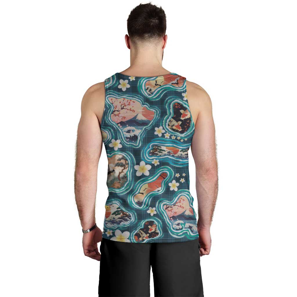 Hawaiian and Japanese Culture Together Men Tank Top Hawaiian Island Shapes with Japanese Landscape Teal Color LT03 - Polynesian Pride