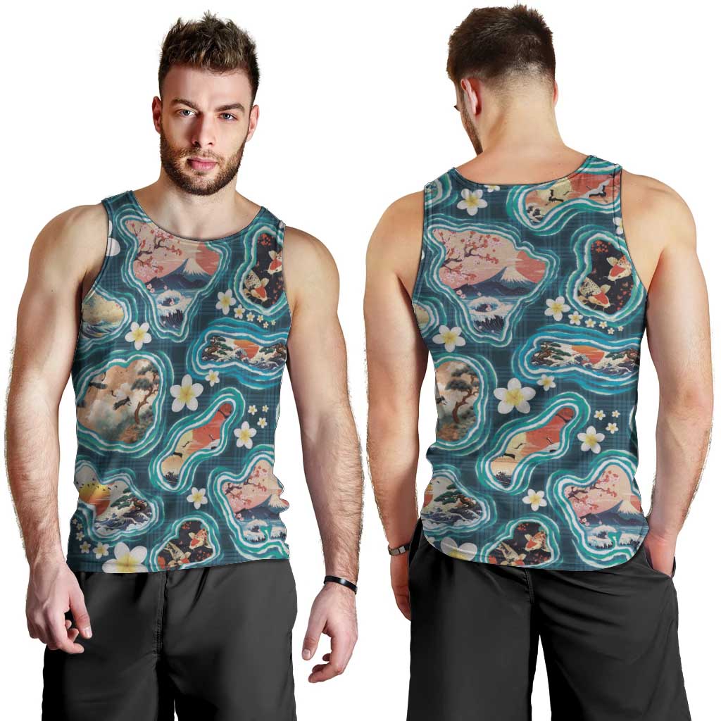 Hawaiian and Japanese Culture Together Men Tank Top Hawaiian Island Shapes with Japanese Landscape Teal Color LT03 - Polynesian Pride