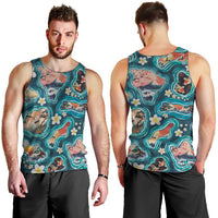 Hawaiian and Japanese Culture Together Men Tank Top Hawaiian Island Shapes with Japanese Landscape Teal Color LT03 - Polynesian Pride