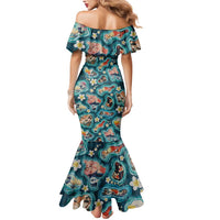 Hawaiian and Japanese Culture Together Mermaid Dress Hawaiian Island Shapes with Japanese Landscape Teal Color LT03 - Polynesian Pride