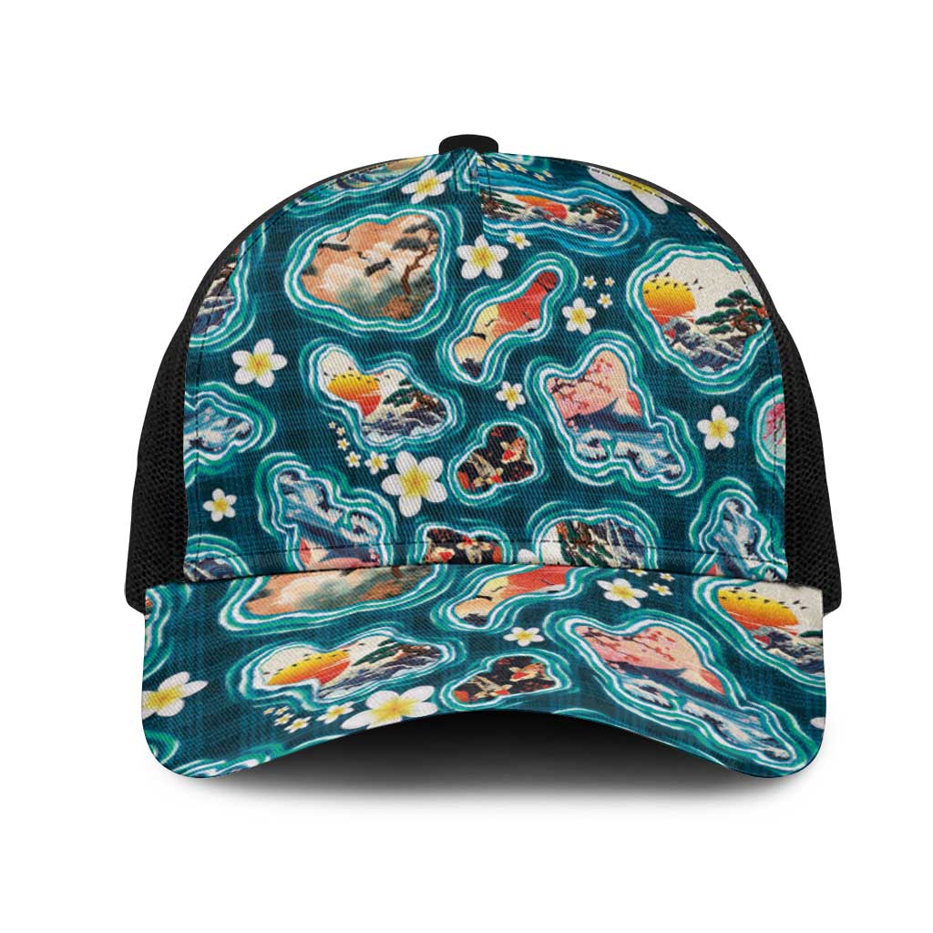 Hawaiian and Japanese Culture Together Mesh Trucker Cap Hawaiian Island Shapes with Japanese Landscape Teal Color LT03 One Size Black Teal - Polynesian Pride