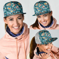 Hawaiian and Japanese Culture Together Mesh Trucker Cap Hawaiian Island Shapes with Japanese Landscape Teal Color LT03 - Polynesian Pride
