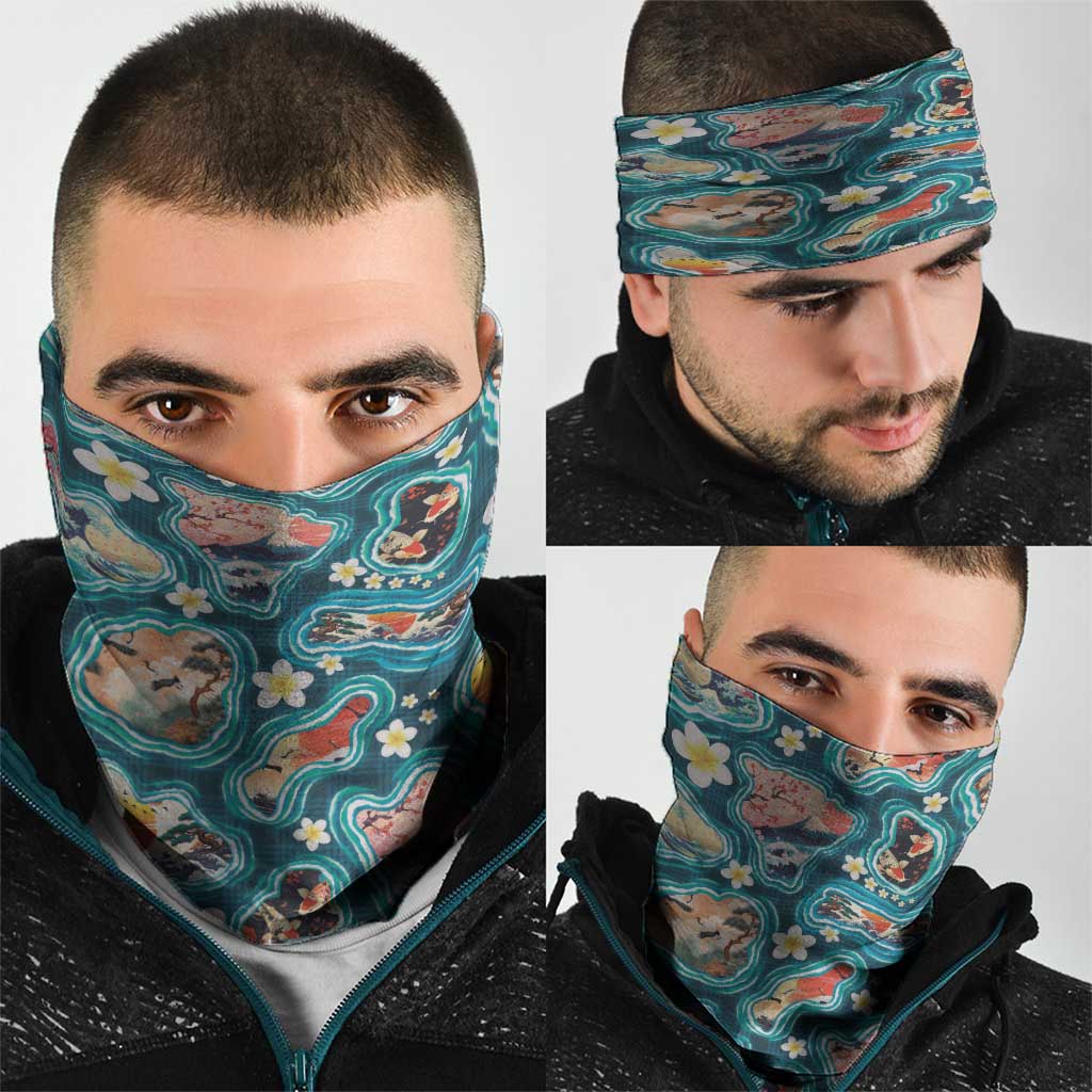 Hawaiian and Japanese Culture Together Neck Gaiter Hawaiian Island Shapes with Japanese Landscape Teal Color LT03 - Polynesian Pride