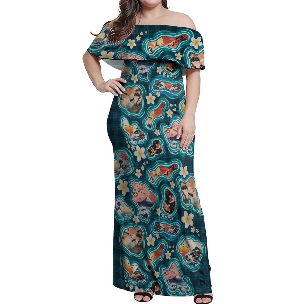 Hawaiian and Japanese Culture Together Off Shoulder Maxi Dress Hawaiian Island Shapes with Japanese Landscape Teal Color LT03 Women Teal - Polynesian Pride