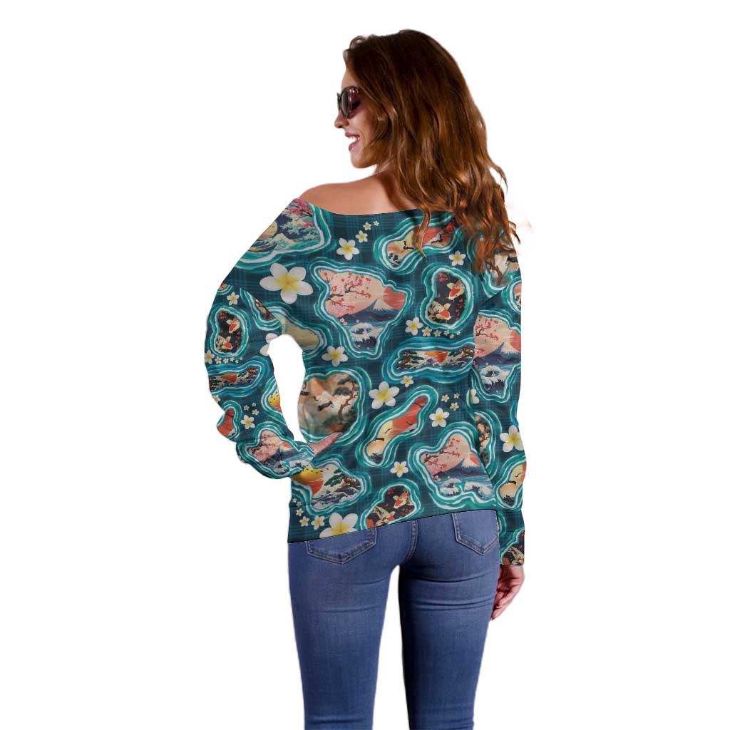 Hawaiian and Japanese Culture Together Off Shoulder Sweater Hawaiian Island Shapes with Japanese Landscape Teal Color LT03 - Polynesian Pride