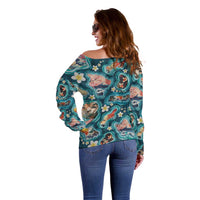 Hawaiian and Japanese Culture Together Off Shoulder Sweater Hawaiian Island Shapes with Japanese Landscape Teal Color LT03 - Polynesian Pride