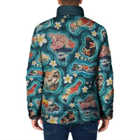 Hawaiian and Japanese Culture Together Padded Jacket Hawaiian Island Shapes with Japanese Landscape Teal Color LT03 - Polynesian Pride