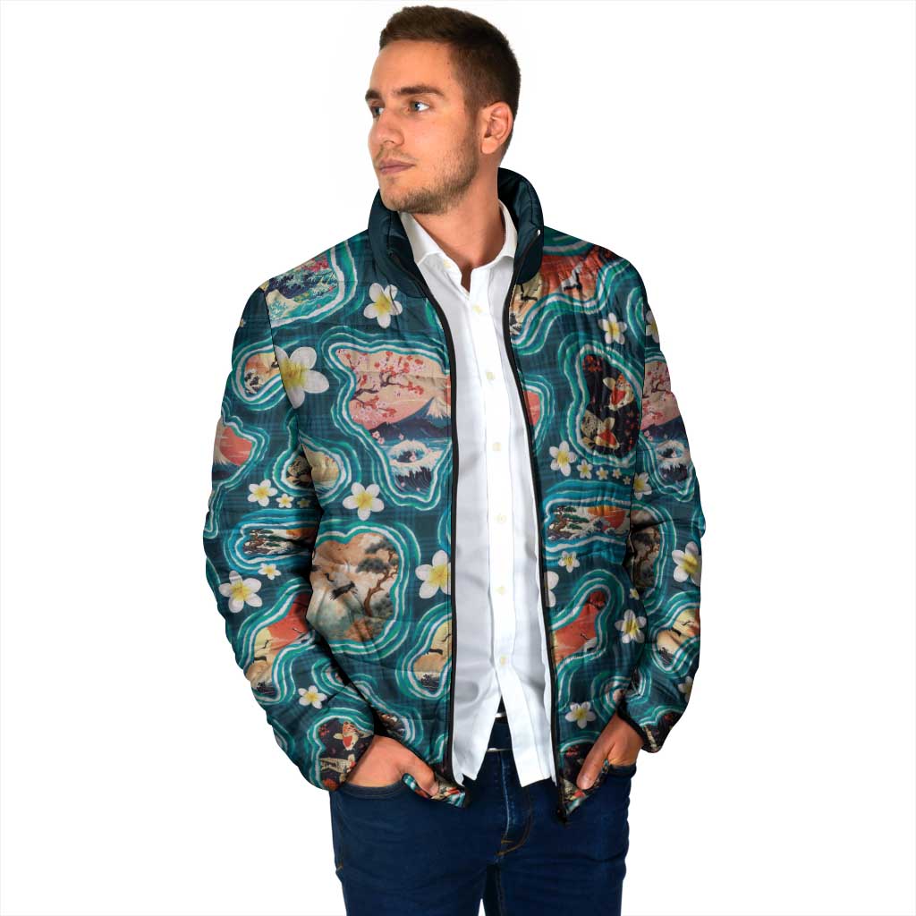 Hawaiian and Japanese Culture Together Padded Jacket Hawaiian Island Shapes with Japanese Landscape Teal Color LT03 - Polynesian Pride