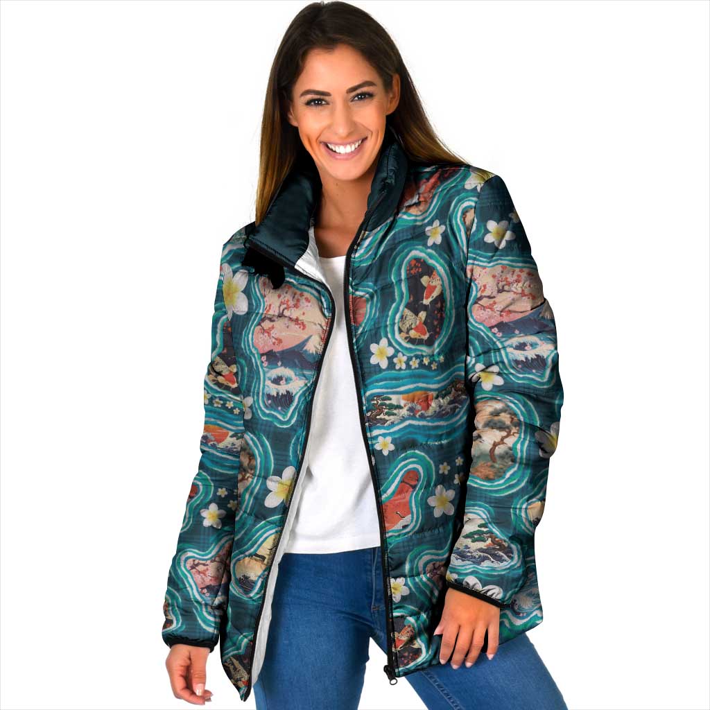 Hawaiian and Japanese Culture Together Padded Jacket Hawaiian Island Shapes with Japanese Landscape Teal Color LT03 Women Teal - Polynesian Pride