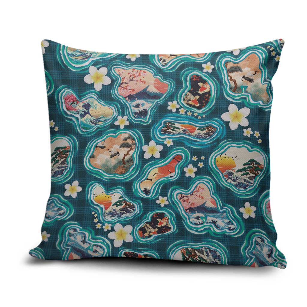 Hawaiian and Japanese Culture Together Pillow Cover Hawaiian Island Shapes with Japanese Landscape Teal Color