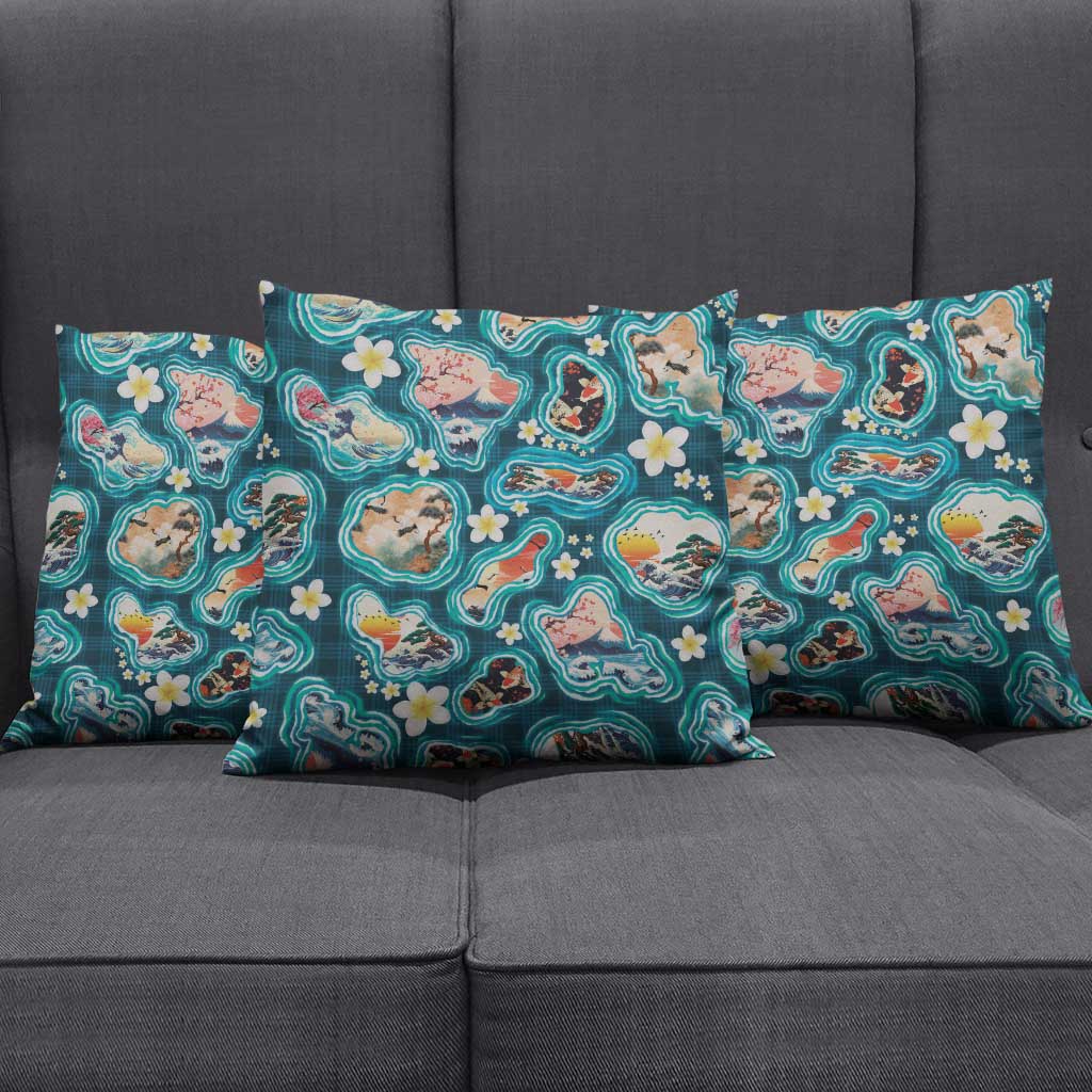 Hawaiian and Japanese Culture Together Pillow Cover Hawaiian Island Shapes with Japanese Landscape Teal Color LT03 - Polynesian Pride