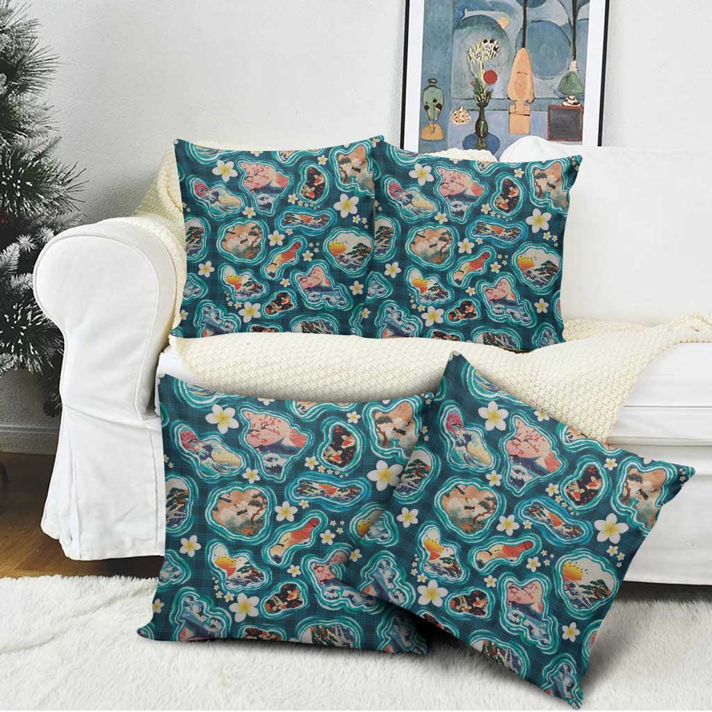Hawaiian and Japanese Culture Together Pillow Cover Hawaiian Island Shapes with Japanese Landscape Teal Color LT03 - Polynesian Pride