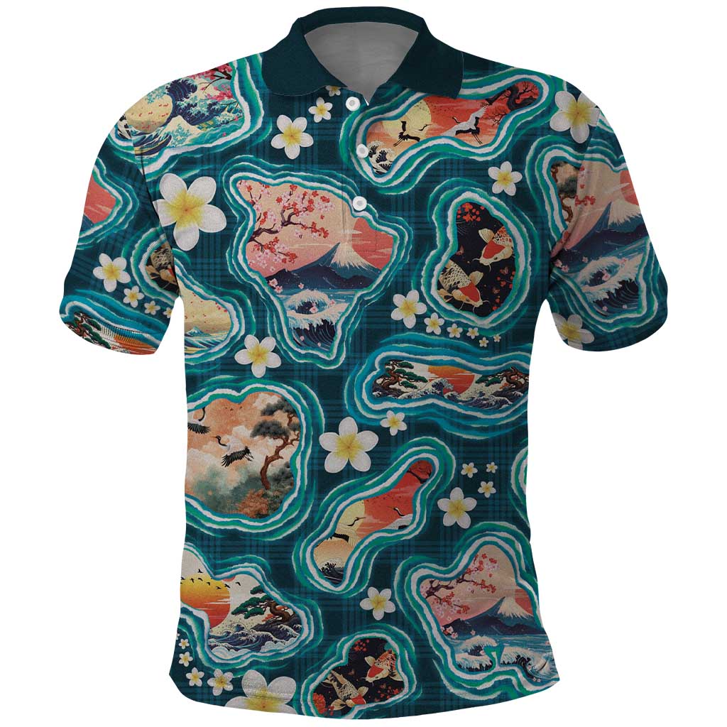 Hawaiian and Japanese Culture Together Polo Shirt Hawaiian Island Shapes with Japanese Landscape Teal Color LT03 Teal - Polynesian Pride