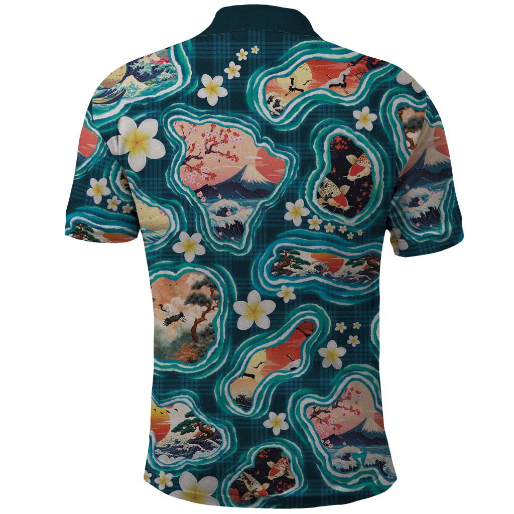 Hawaiian and Japanese Culture Together Polo Shirt Hawaiian Island Shapes with Japanese Landscape Teal Color LT03 - Polynesian Pride