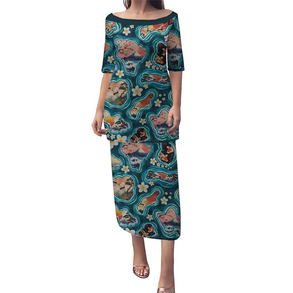 Hawaiian and Japanese Culture Together Puletasi Hawaiian Island Shapes with Japanese Landscape Teal Color