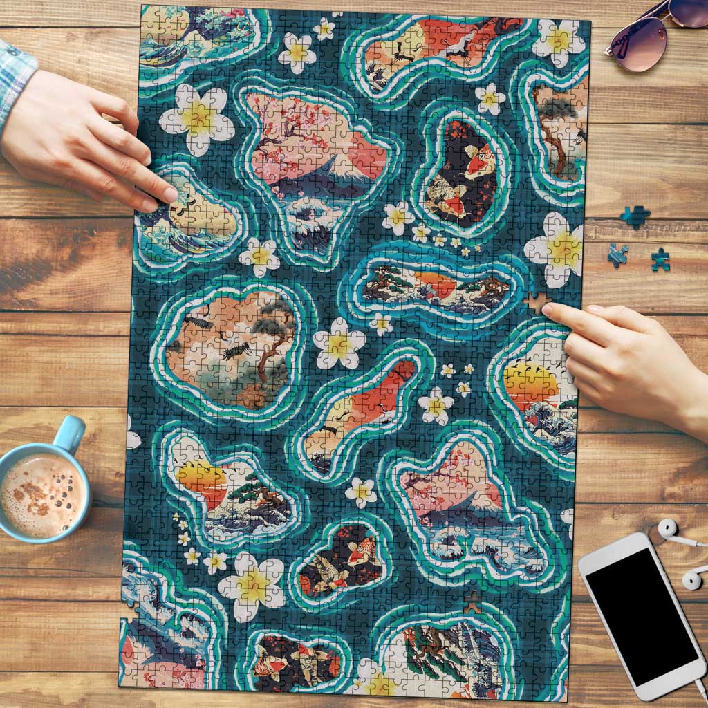 Hawaiian and Japanese Culture Together Puzzle Hawaiian Island Shapes with Japanese Landscape Teal Color