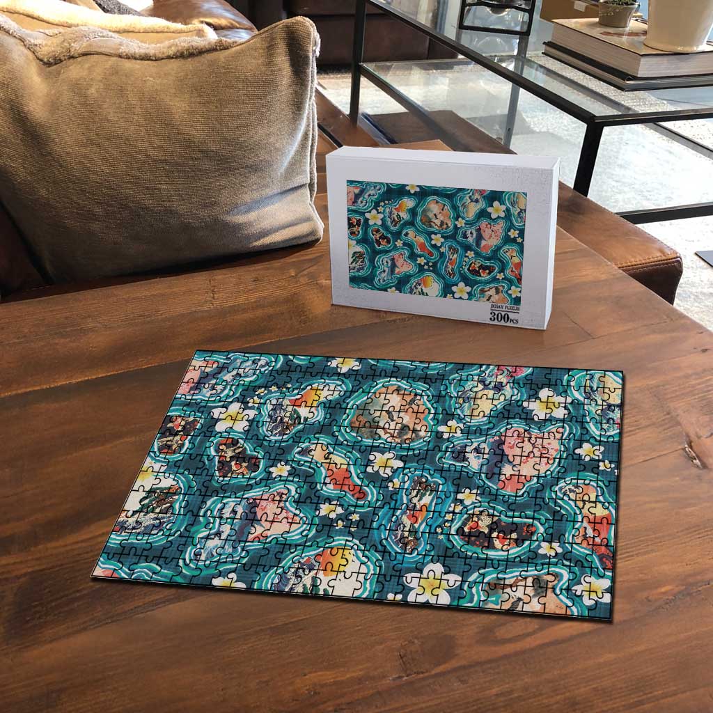 Hawaiian and Japanese Culture Together Puzzle Hawaiian Island Shapes with Japanese Landscape Teal Color LT03 - Polynesian Pride