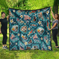 Hawaiian and Japanese Culture Together Quilt Hawaiian Island Shapes with Japanese Landscape Teal Color LT03 - Polynesian Pride
