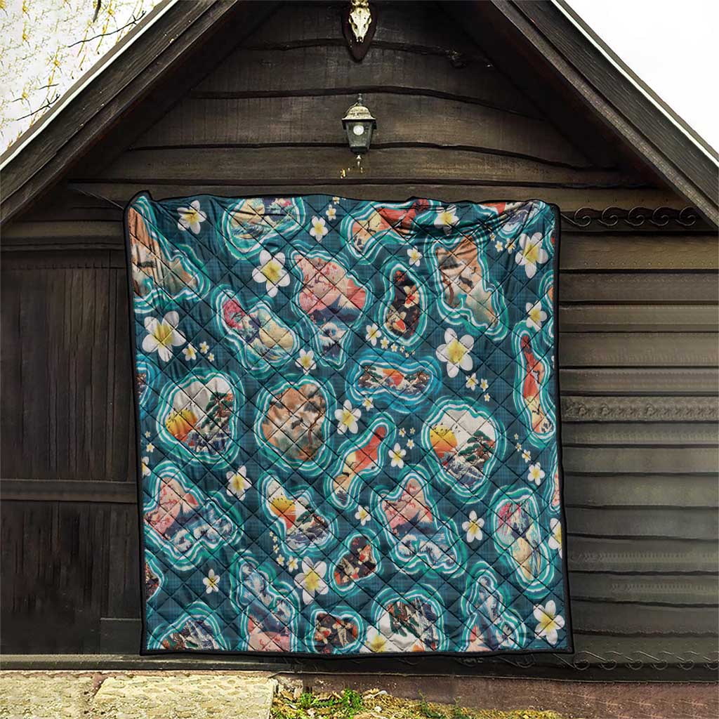 Hawaiian and Japanese Culture Together Quilt Hawaiian Island Shapes with Japanese Landscape Teal Color LT03 - Polynesian Pride