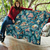 Hawaiian and Japanese Culture Together Quilt Hawaiian Island Shapes with Japanese Landscape Teal Color LT03 - Polynesian Pride