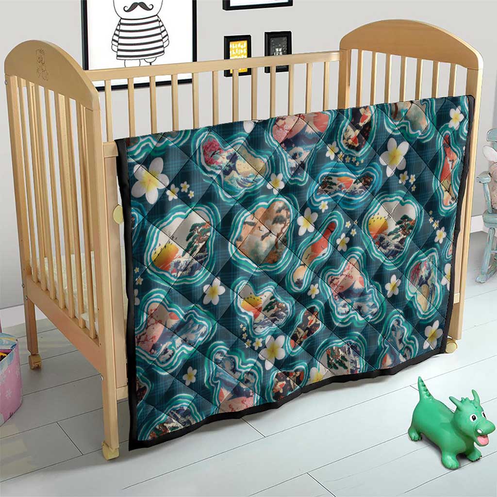 Hawaiian and Japanese Culture Together Quilt Hawaiian Island Shapes with Japanese Landscape Teal Color LT03 - Polynesian Pride
