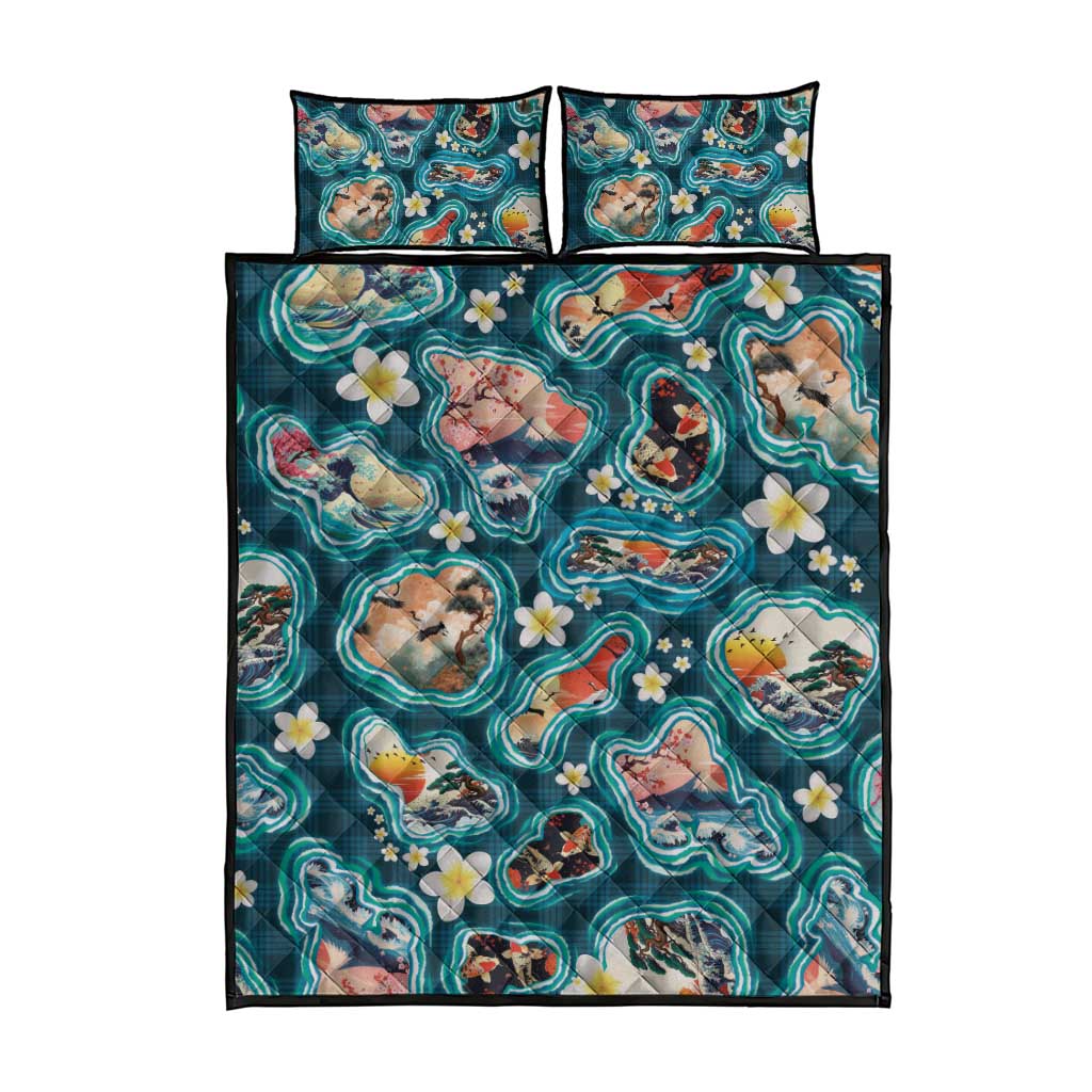 Hawaiian and Japanese Culture Together Quilt Bed Set Hawaiian Island Shapes with Japanese Landscape Teal Color LT03 - Polynesian Pride