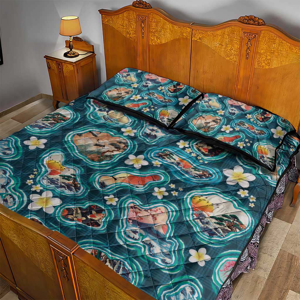 Hawaiian and Japanese Culture Together Quilt Bed Set Hawaiian Island Shapes with Japanese Landscape Teal Color LT03 - Polynesian Pride