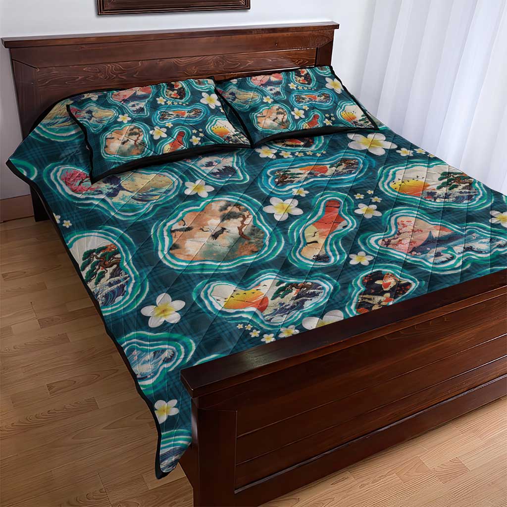 Hawaiian and Japanese Culture Together Quilt Bed Set Hawaiian Island Shapes with Japanese Landscape Teal Color LT03 - Polynesian Pride