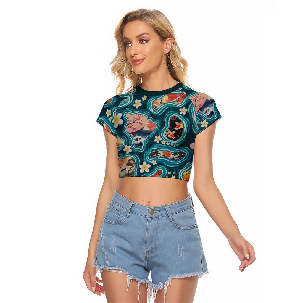 Hawaiian and Japanese Culture Together Raglan Cropped T Shirt Hawaiian Island Shapes with Japanese Landscape Teal Color LT03 Female Teal - Polynesian Pride