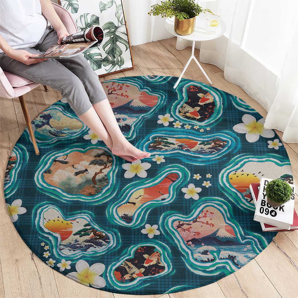 Hawaiian and Japanese Culture Together Round Carpet Hawaiian Island Shapes with Japanese Landscape Teal Color LT03 - Polynesian Pride