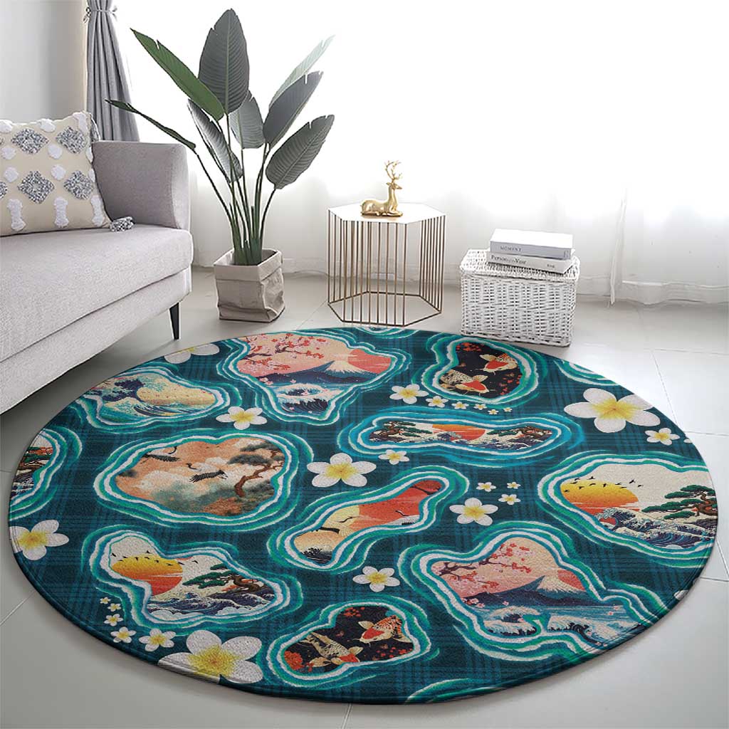 Hawaiian and Japanese Culture Together Round Carpet Hawaiian Island Shapes with Japanese Landscape Teal Color LT03 - Polynesian Pride