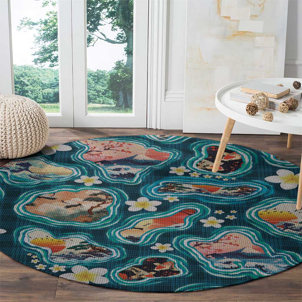 Hawaiian and Japanese Culture Together Round Carpet Hawaiian Island Shapes with Japanese Landscape Teal Color LT03 - Polynesian Pride