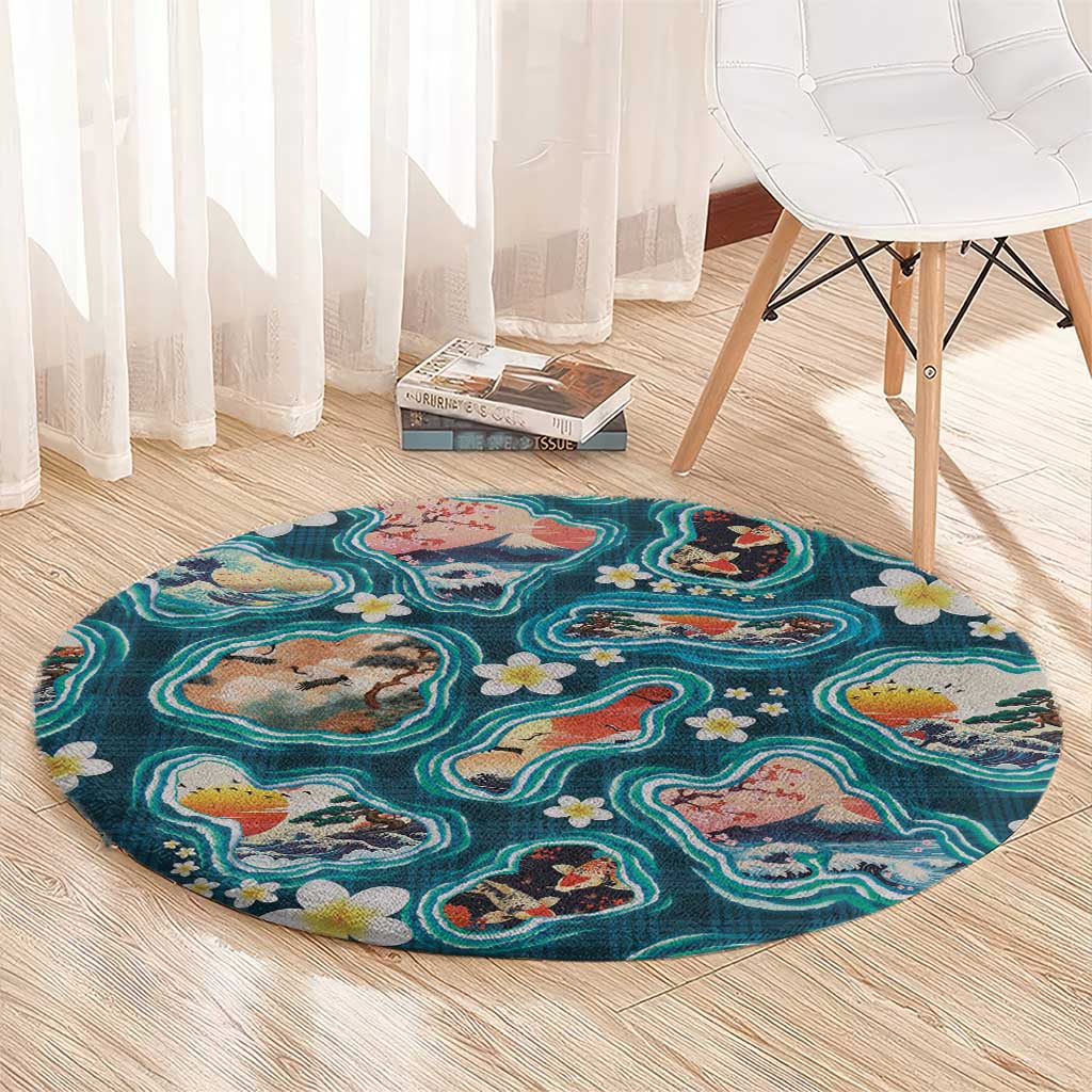 Hawaiian and Japanese Culture Together Round Carpet Hawaiian Island Shapes with Japanese Landscape Teal Color LT03 - Polynesian Pride