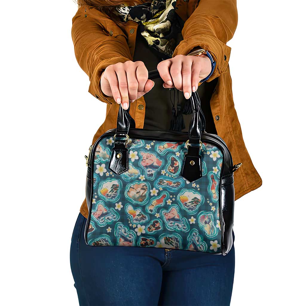 Hawaiian and Japanese Culture Together Shoulder Handbag Hawaiian Island Shapes with Japanese Landscape Teal Color LT03 One Size Teal - Polynesian Pride
