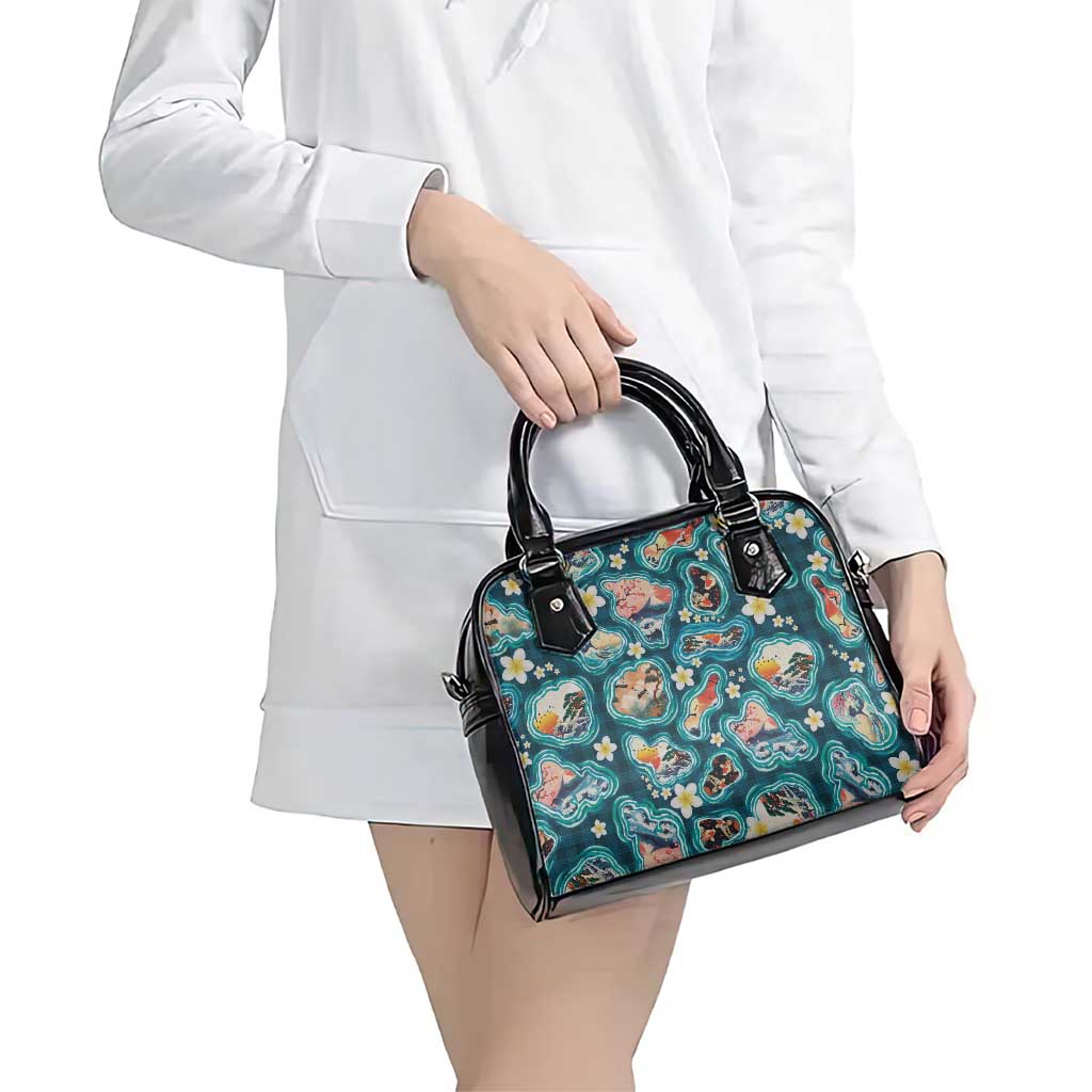 Hawaiian and Japanese Culture Together Shoulder Handbag Hawaiian Island Shapes with Japanese Landscape Teal Color LT03 - Polynesian Pride