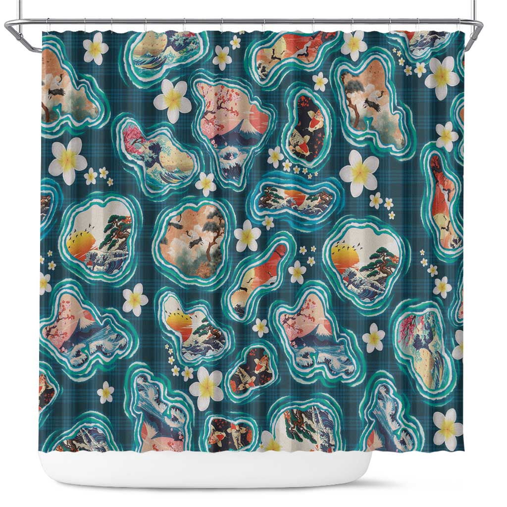 Hawaiian and Japanese Culture Together Shower Curtain Hawaiian Island Shapes with Japanese Landscape Teal Color LT03 Teal - Polynesian Pride