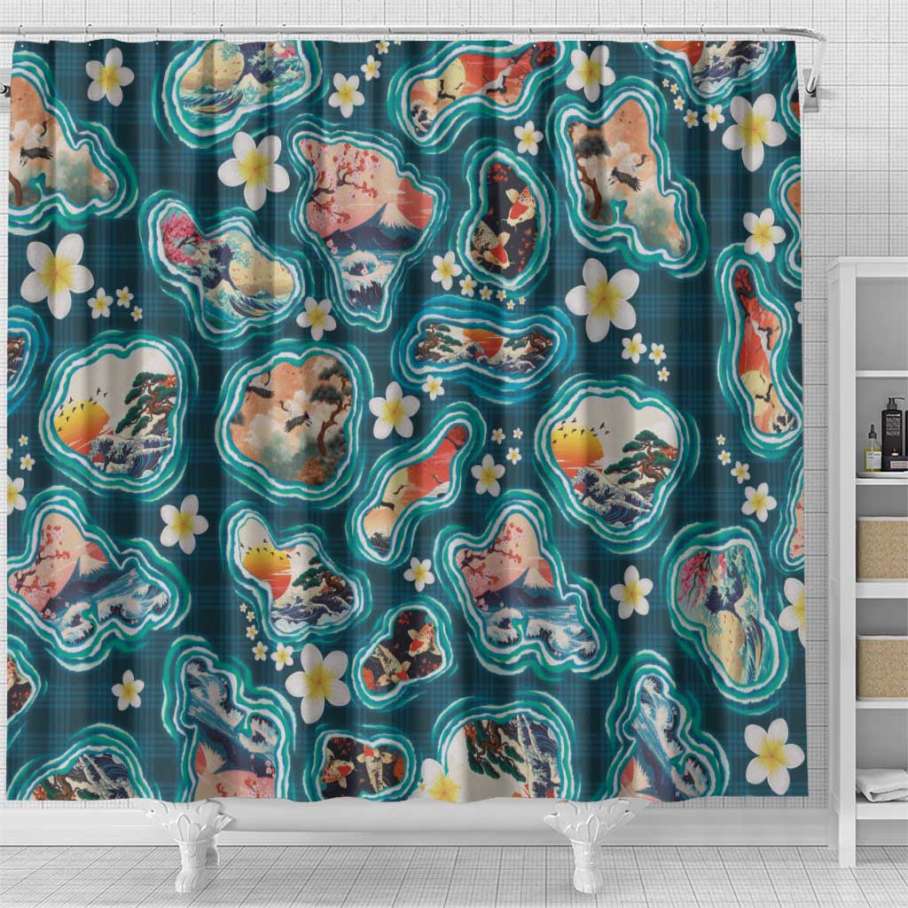 Hawaiian and Japanese Culture Together Shower Curtain Hawaiian Island Shapes with Japanese Landscape Teal Color LT03 - Polynesian Pride