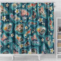Hawaiian and Japanese Culture Together Shower Curtain Hawaiian Island Shapes with Japanese Landscape Teal Color LT03 - Polynesian Pride
