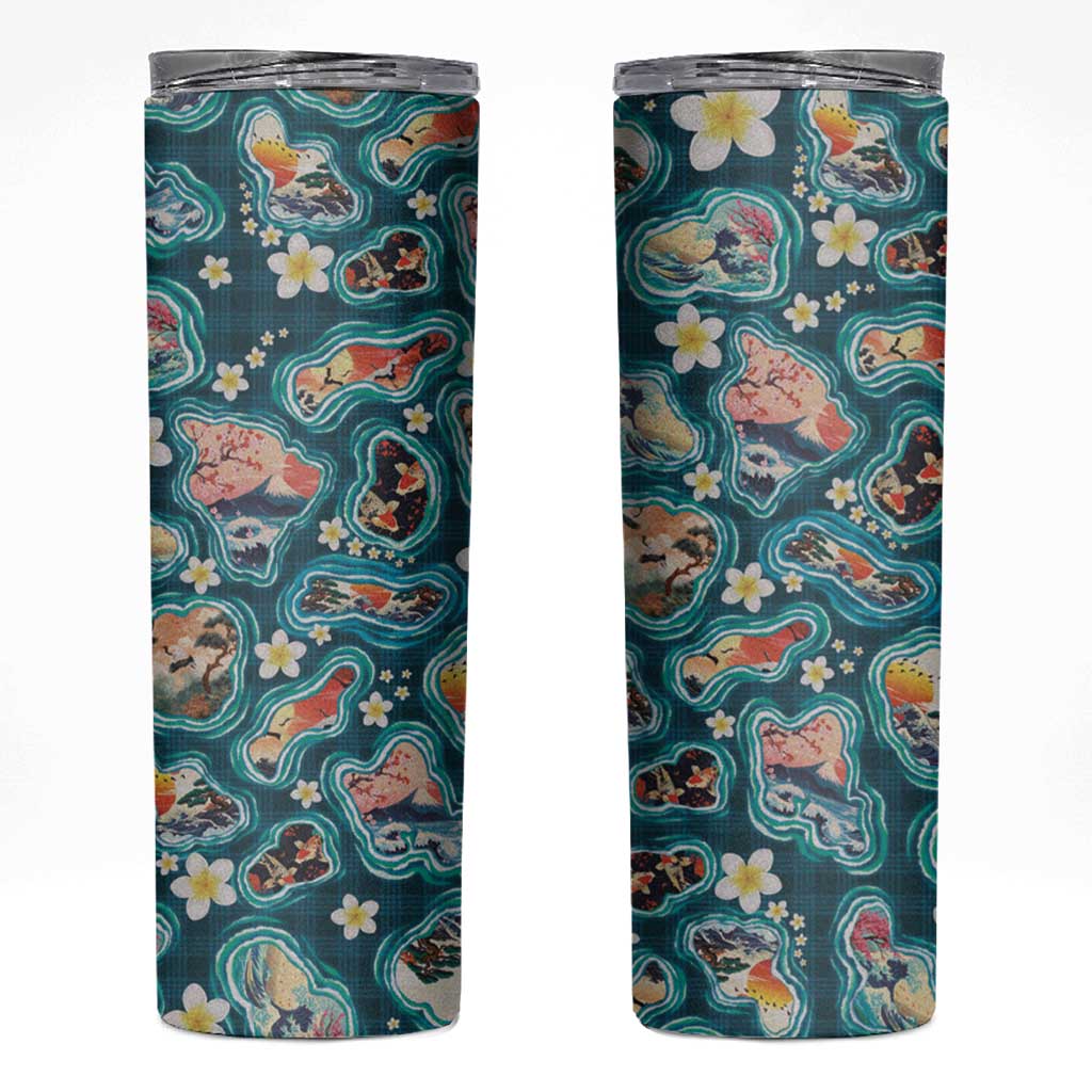 Hawaiian and Japanese Culture Together Skinny Tumbler Hawaiian Island Shapes with Japanese Landscape Teal Color