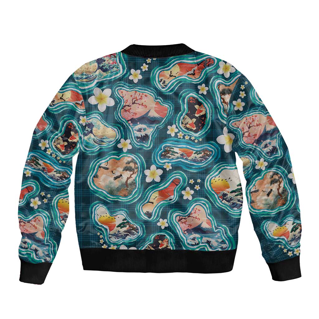 Hawaiian and Japanese Culture Together Sleeve Zip Bomber Jacket Hawaiian Island Shapes with Japanese Landscape Teal Color LT03 - Polynesian Pride