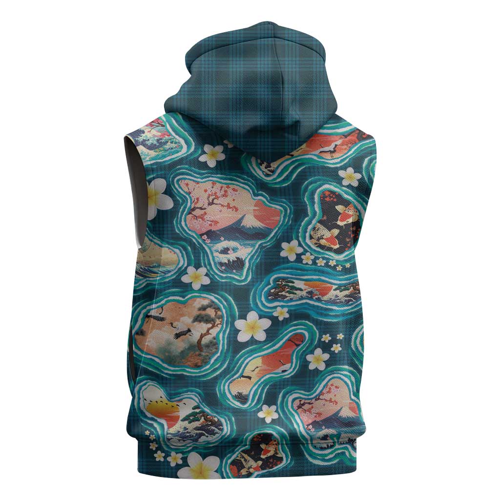 Hawaiian and Japanese Culture Together Sleeveless Hoodie Hawaiian Island Shapes with Japanese Landscape Teal Color LT03 - Polynesian Pride