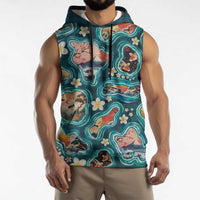 Hawaiian and Japanese Culture Together Sleeveless Hoodie Hawaiian Island Shapes with Japanese Landscape Teal Color LT03 - Polynesian Pride