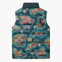 Hawaiian and Japanese Culture Together Sleeveless Puffer Jacket Hawaiian Island Shapes with Japanese Landscape Teal Color LT03 - Polynesian Pride