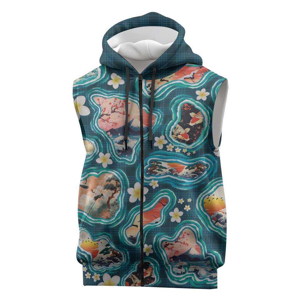Hawaiian and Japanese Culture Together Sleeveless Zip Hoodie Hawaiian Island Shapes with Japanese Landscape Teal Color LT03 Teal - Polynesian Pride